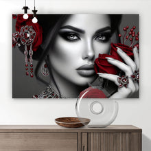 Lade das Bild in den Galerie-Viewer, Aluminiumbild gebürstet Elegante Frau mit Rosen und Schmuck No. 2 Querformat