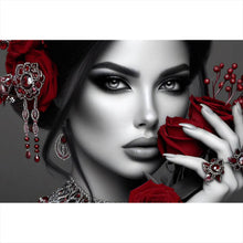 Lade das Bild in den Galerie-Viewer, Spannrahmenbild Elegante Frau mit Rosen und Schmuck No. 2 Querformat