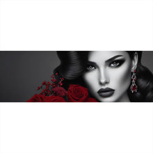 Lade das Bild in den Galerie-Viewer, Leinwandbild Elegante Frau mit Rosen und Schmuck Panorama