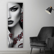 Lade das Bild in den Galerie-Viewer, Aluminiumbild Elegante Frau mit Rosen und Schmuck Panorama Hoch
