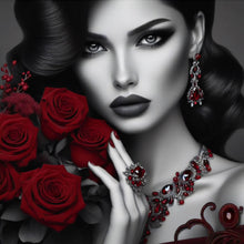 Lade das Bild in den Galerie-Viewer, Aluminiumbild Elegante Frau mit Rosen und Schmuck Quadrat