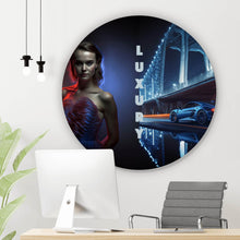 Lade das Bild in den Galerie-Viewer, Aluminiumbild gebürstet Elegante Frau vor Brücke und Sportwagen bei Nacht Kreis