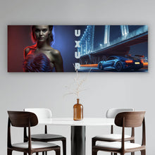 Lade das Bild in den Galerie-Viewer, Acrylglasbild Elegante Frau vor Brücke und Sportwagen bei Nacht Panorama