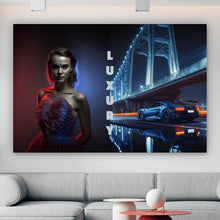 Lade das Bild in den Galerie-Viewer, Leinwandbild Elegante Frau vor Brücke und Sportwagen bei Nacht Querformat