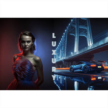 Lade das Bild in den Galerie-Viewer, Leinwandbild Elegante Frau vor Brücke und Sportwagen bei Nacht Querformat