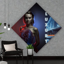 Lade das Bild in den Galerie-Viewer, Acrylglasbild Elegante Frau vor Brücke und Sportwagen bei Nacht Raute