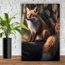 Lade das Bild in den Galerie-Viewer, Leinwandbild Eleganter Fuchs sitzt auf Baumstamm im Wald Hochformat