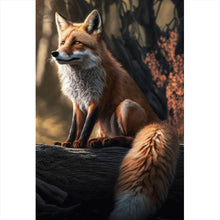 Lade das Bild in den Galerie-Viewer, Leinwandbild Eleganter Fuchs sitzt auf Baumstamm im Wald Hochformat