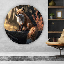 Lade das Bild in den Galerie-Viewer, Aluminiumbild gebürstet Eleganter Fuchs sitzt auf Baumstamm im Wald Kreis