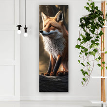 Lade das Bild in den Galerie-Viewer, Leinwandbild Eleganter Fuchs sitzt auf Baumstamm im Wald Panorama Hoch