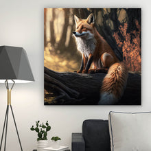 Lade das Bild in den Galerie-Viewer, Leinwandbild Eleganter Fuchs sitzt auf Baumstamm im Wald Quadrat