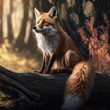 Lade das Bild in den Galerie-Viewer, Aluminiumbild Eleganter Fuchs sitzt auf Baumstamm im Wald Quadrat