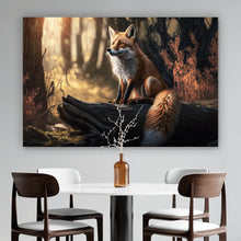 Lade das Bild in den Galerie-Viewer, Aluminiumbild gebürstet Eleganter Fuchs sitzt auf Baumstamm im Wald Querformat