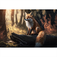 Lade das Bild in den Galerie-Viewer, Aluminiumbild gebürstet Eleganter Fuchs sitzt auf Baumstamm im Wald Querformat