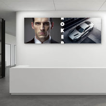 Lade das Bild in den Galerie-Viewer, Aluminiumbild Eleganter Mann und Sportwagen vor moderner Architektur Panorama