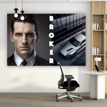 Lade das Bild in den Galerie-Viewer, Aluminiumbild Eleganter Mann und Sportwagen vor moderner Architektur Querformat