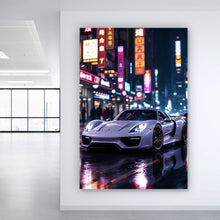 Lade das Bild in den Galerie-Viewer, Aluminiumbild gebürstet Eleganter Sportwagen bei Nacht in der Stadt Hochformat