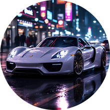 Lade das Bild in den Galerie-Viewer, Aluminiumbild gebürstet Eleganter Sportwagen bei Nacht in der Stadt Kreis