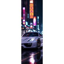 Lade das Bild in den Galerie-Viewer, Aluminiumbild Eleganter Sportwagen bei Nacht in der Stadt Panorama Hoch