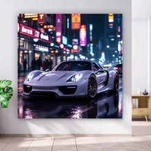 Lade das Bild in den Galerie-Viewer, Aluminiumbild Eleganter Sportwagen bei Nacht in der Stadt Quadrat