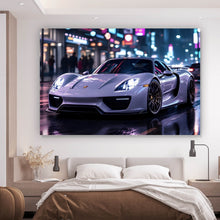 Lade das Bild in den Galerie-Viewer, Leinwandbild Eleganter Sportwagen bei Nacht in der Stadt Querformat