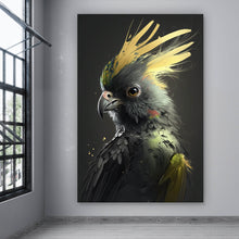 Lade das Bild in den Galerie-Viewer, Aluminiumbild gebürstet Eleganter Vogel mit gelbem Kamm auf dunklem Hintergrund Hochformat