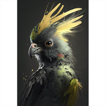 Lade das Bild in den Galerie-Viewer, Leinwandbild Eleganter Vogel mit gelbem Kamm auf dunklem Hintergrund Hochformat