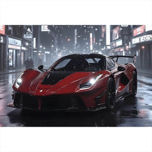 Lade das Bild in den Galerie-Viewer, Aluminiumbild gebürstet Elegantes Auto bei Nacht in der Stadt Querformat