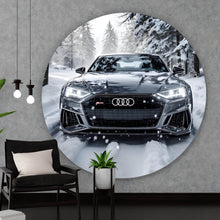 Lade das Bild in den Galerie-Viewer, Aluminiumbild gebürstet Elegantes Auto fährt durch verschneiten Winterwald Kreis