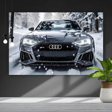 Lade das Bild in den Galerie-Viewer, Aluminiumbild gebürstet Elegantes Auto fährt durch verschneiten Winterwald Querformat