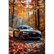 Lade das Bild in den Galerie-Viewer, Spannrahmenbild Elegantes Auto in herbstlicher Waldlandschaft Hochformat