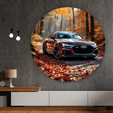 Lade das Bild in den Galerie-Viewer, Aluminiumbild Elegantes Auto in herbstlicher Waldlandschaft Kreis