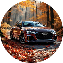 Lade das Bild in den Galerie-Viewer, Aluminiumbild Elegantes Auto in herbstlicher Waldlandschaft Kreis