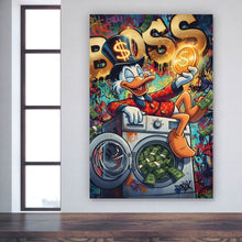 Lade das Bild in den Galerie-Viewer, Leinwandbild Entenboss mit Geldmotiv Hochformat