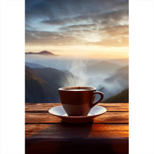 Lade das Bild in den Galerie-Viewer, Aluminiumbild Entspannte Berglandschaft mit Kaffee am Morgen Hochformat