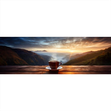 Lade das Bild in den Galerie-Viewer, Acrylglasbild Entspannte Berglandschaft mit Kaffee am Morgen Panorama