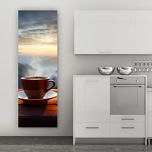 Lade das Bild in den Galerie-Viewer, Leinwandbild Entspannte Berglandschaft mit Kaffee am Morgen Panorama Hoch