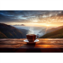 Lade das Bild in den Galerie-Viewer, Aluminiumbild Entspannte Berglandschaft mit Kaffee am Morgen Querformat