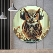 Lade das Bild in den Galerie-Viewer, Aluminiumbild gebürstet Eule als DJ mit Kopfhörern Kreis