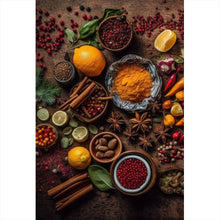 Lade das Bild in den Galerie-Viewer, Leinwandbild Exotische Gewürze auf rustikalem Holztisch Hochformat
