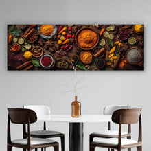 Lade das Bild in den Galerie-Viewer, Aluminiumbild Exotische Gewürze auf rustikalem Holztisch Panorama