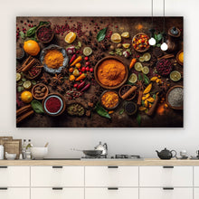 Lade das Bild in den Galerie-Viewer, Aluminiumbild Exotische Gewürze auf rustikalem Holztisch Querformat