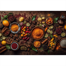Lade das Bild in den Galerie-Viewer, Aluminiumbild gebürstet Exotische Gewürze auf rustikalem Holztisch Querformat