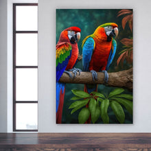 Lade das Bild in den Galerie-Viewer, Spannrahmenbild Exotische Papageien auf Ast sitzend Hochformat