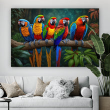 Lade das Bild in den Galerie-Viewer, Acrylglasbild Exotische Papageien auf Ast sitzend Querformat