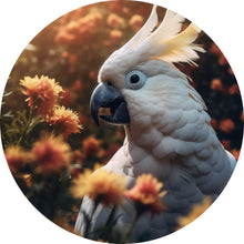 Lade das Bild in den Galerie-Viewer, Aluminiumbild gebürstet Exotischer Kakadu in blühender Natur Kreis