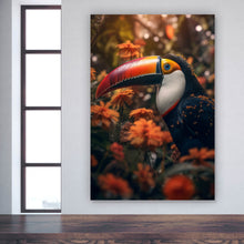 Lade das Bild in den Galerie-Viewer, Leinwandbild Exotischer Tukan im Blumenfeld Hochformat