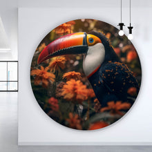 Lade das Bild in den Galerie-Viewer, Aluminiumbild gebürstet Exotischer Tukan im Blumenfeld Kreis