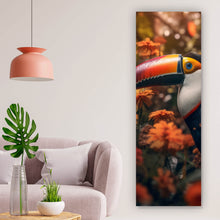 Lade das Bild in den Galerie-Viewer, Acrylglasbild Exotischer Tukan im Blumenfeld Panorama Hoch