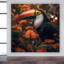 Lade das Bild in den Galerie-Viewer, Spannrahmenbild Exotischer Tukan im Blumenfeld Quadrat